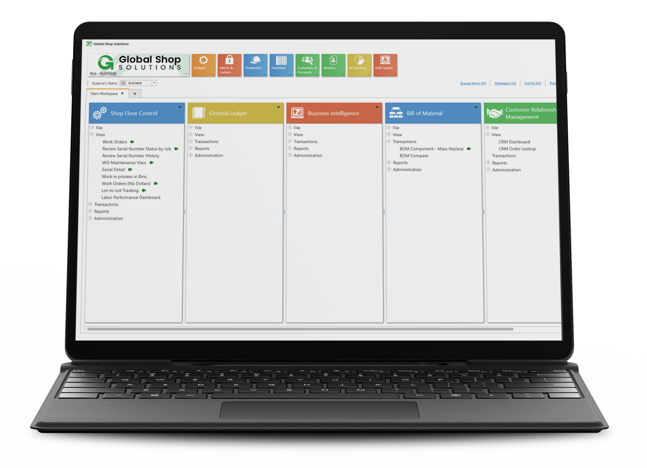 Global Shop Solutions ERP application menu with shop floor, accounting, business intelligence, bill of materials and CRM panels