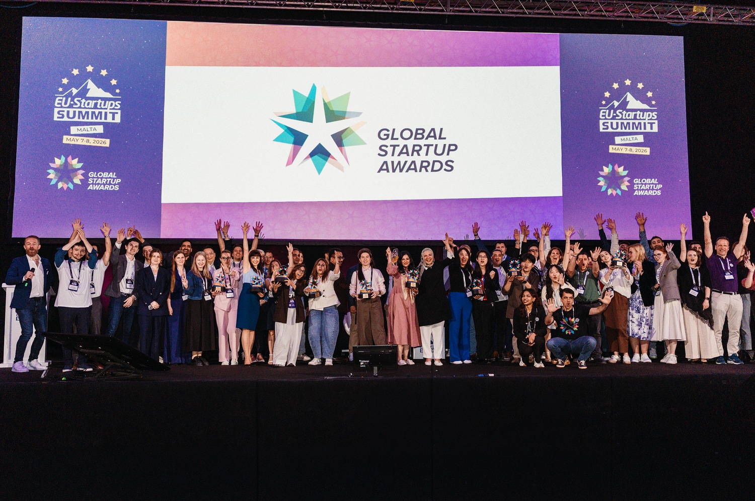 Award recipients and participants on stage at the Global Startup Awards finale in Malta in May 2026