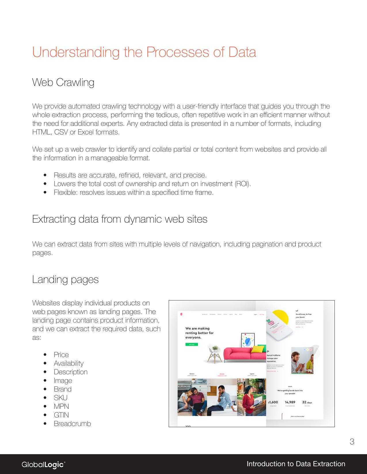 A page from a GlobalLogic data-extraction services document showing dashboards, reports and data-quality work