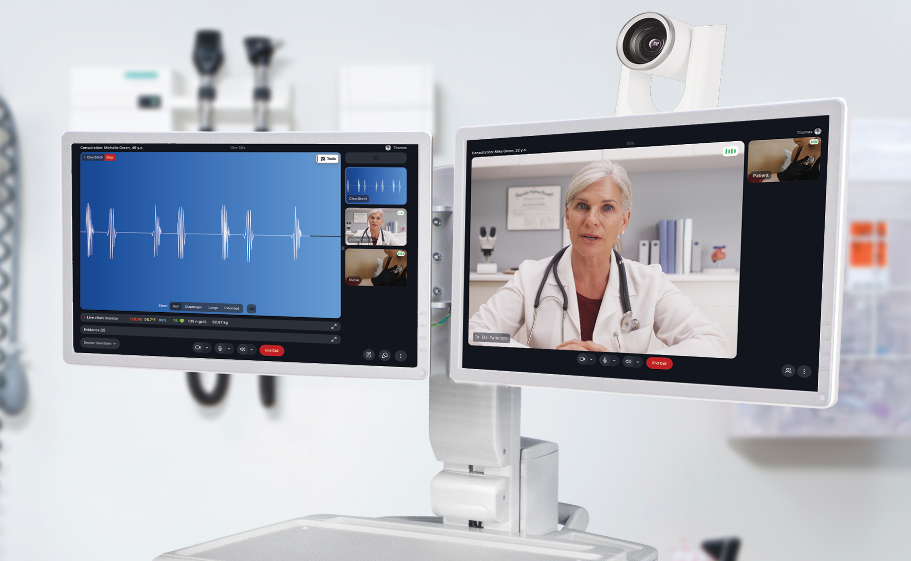 GlobalMed ClinicalAccess Pro Connect product image showing a remote clinician and diagnostic audio on two screens