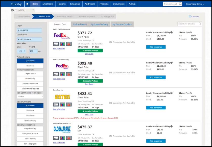 GlobalTranz TMS screen displaying less-than-truckload carrier rates and shipment options