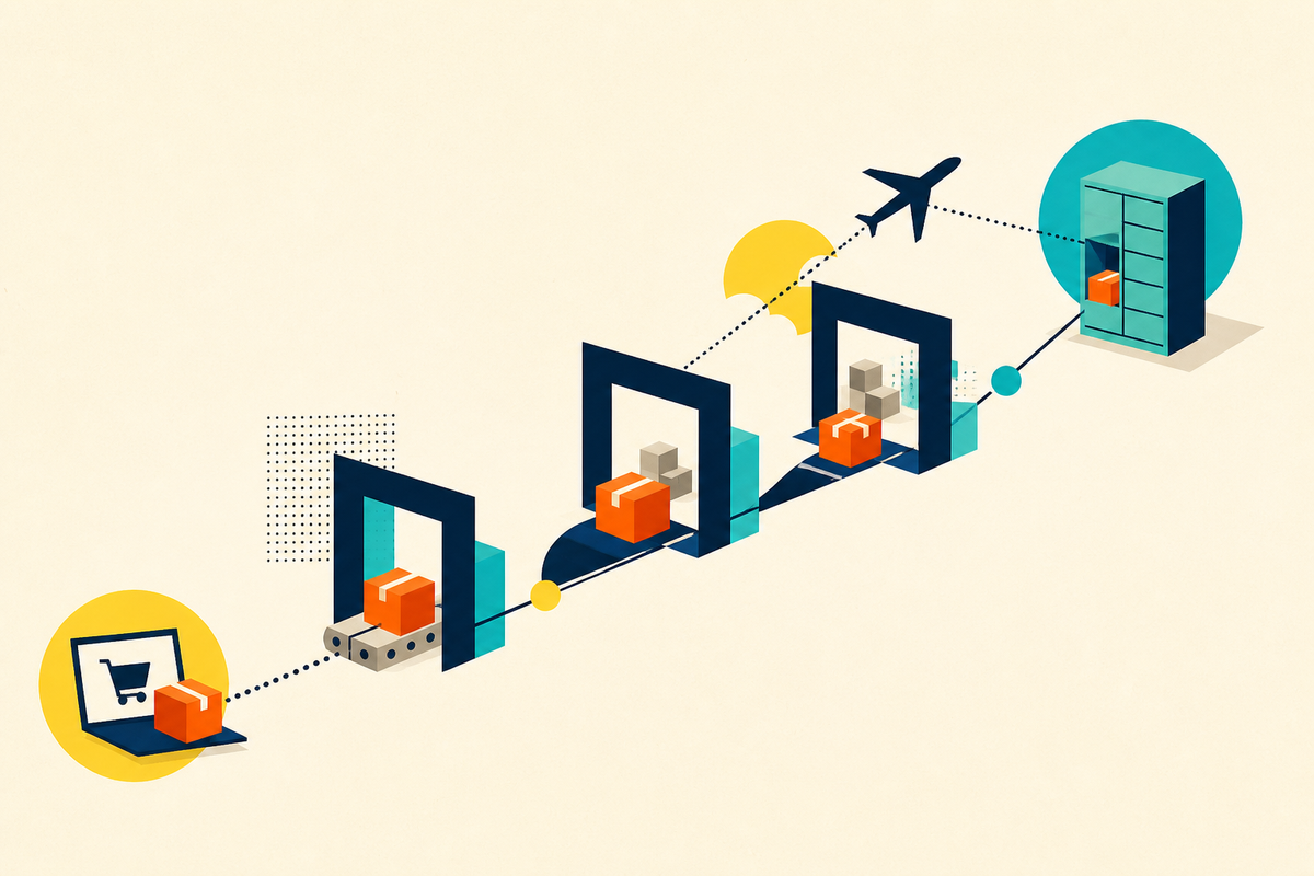 Geometric illustration of parcels moving from an online shop through warehouses and an aircraft route into a pickup locker