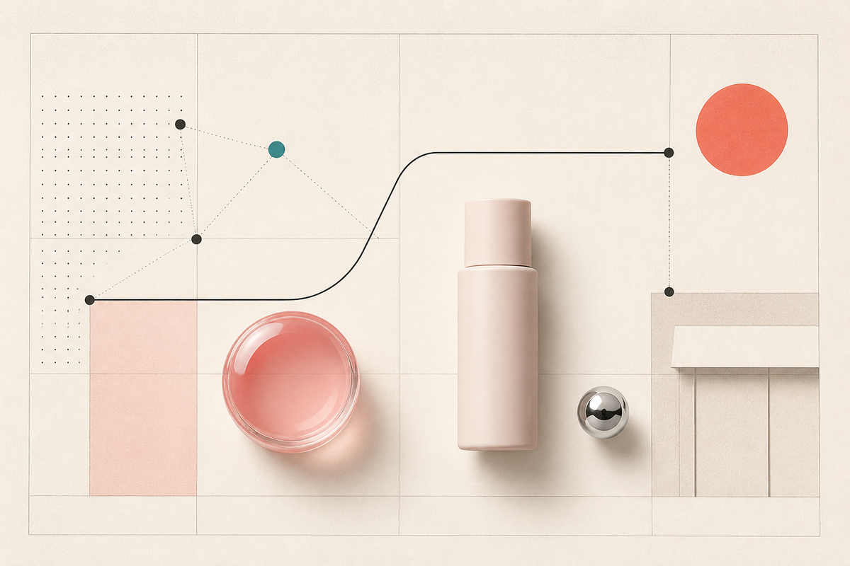 Abstract Swiss-style arrangement of cosmetic forms, a community grid and a line leading to a retail counter