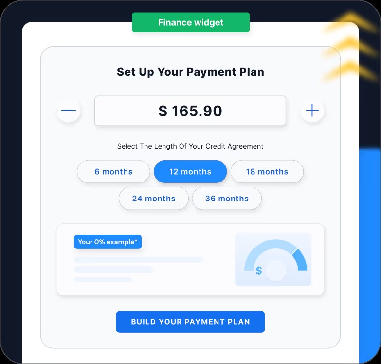 Glow’s illustrative finance widget with repayment amount and selectable agreement durations