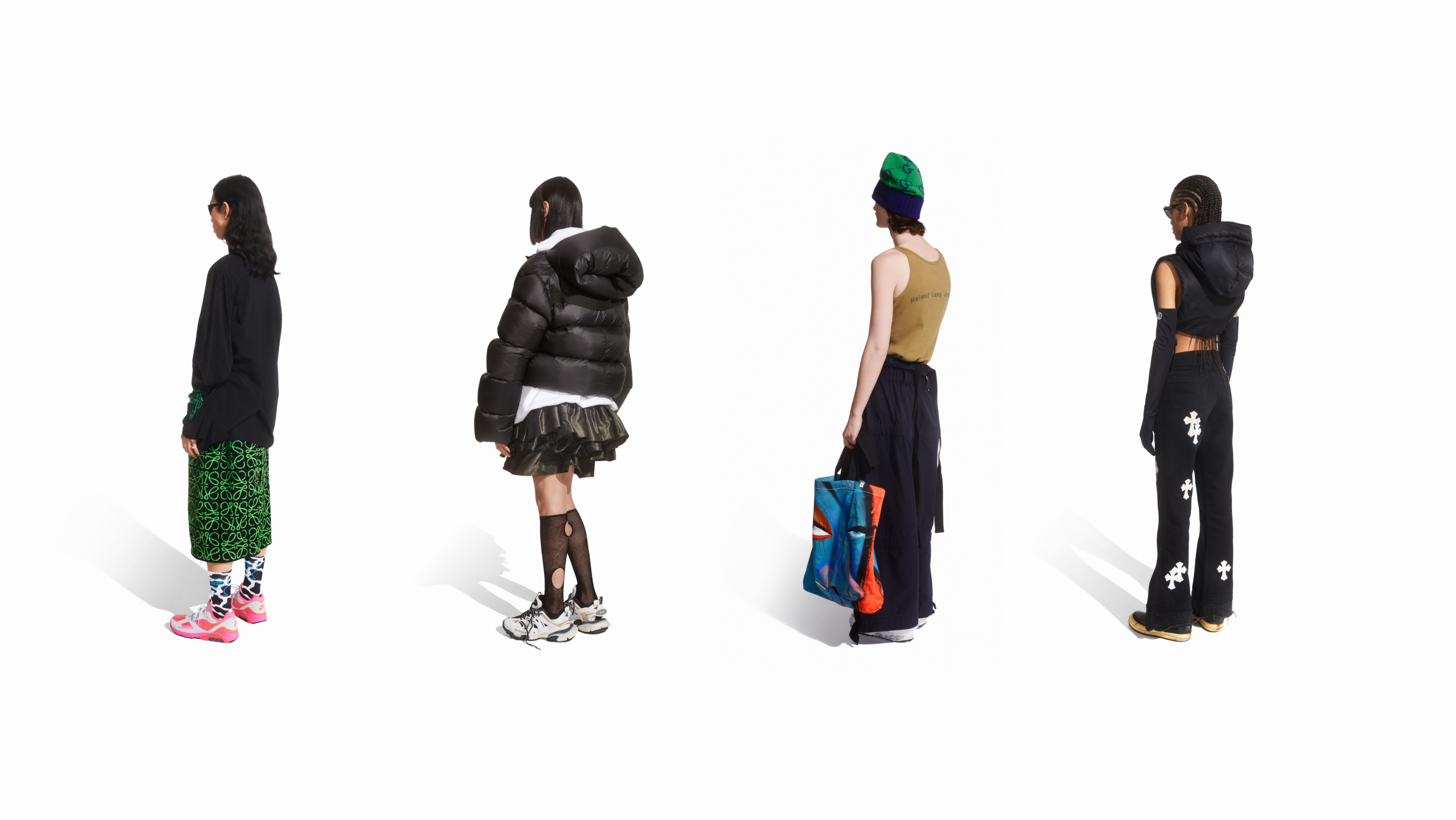 Four models wearing contrasting outfits from GOAT’s apparel press photography
