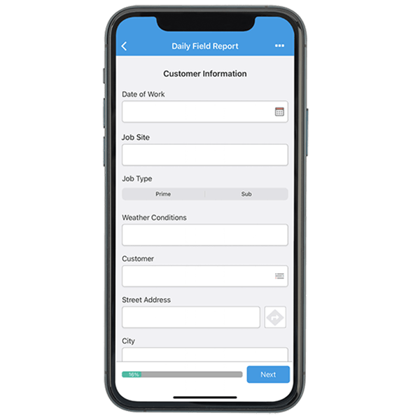 GoCanvas Daily Field Report on a smartphone, with fields for date, job site, weather and customer information