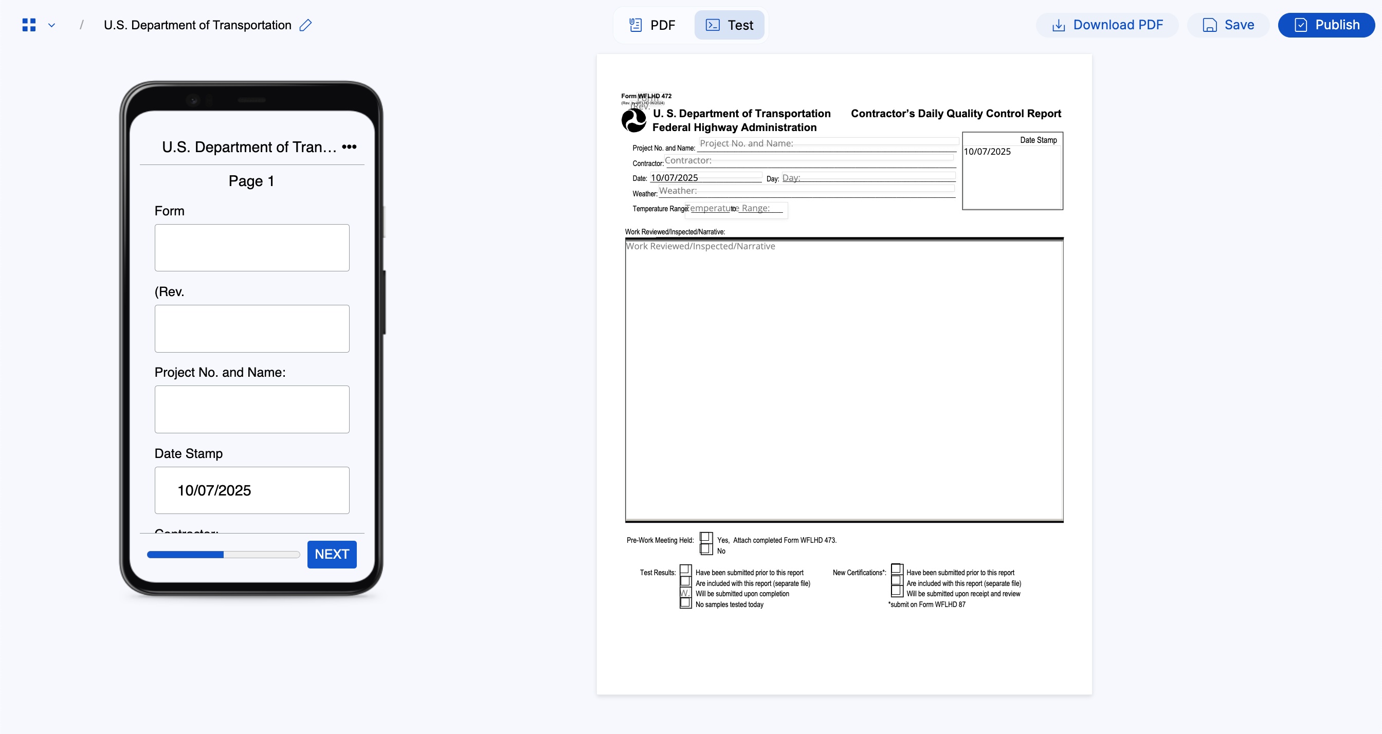 GoCanvas Basic Form Builder showing a mobile form preview beside a contractor daily quality control PDF