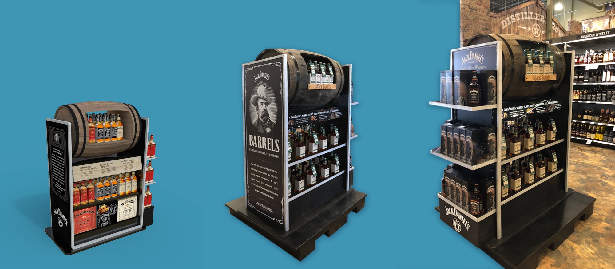 Three views of a Jack Daniel's barrel-shaped retail display