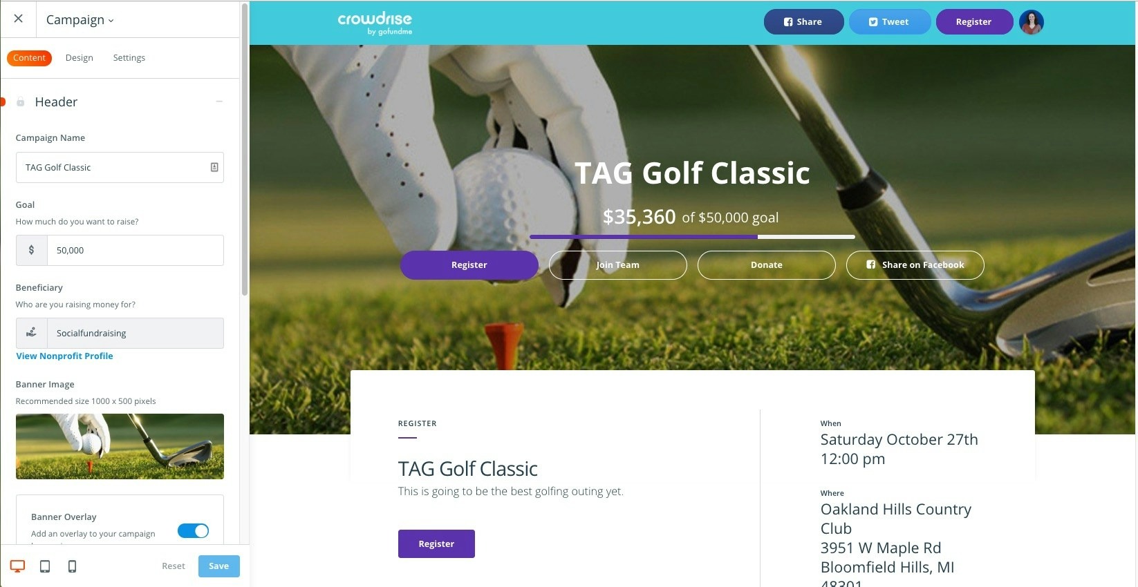 CrowdRise by GoFundMe fundraising campaign editor showing event content fields beside a live golf fundraiser preview