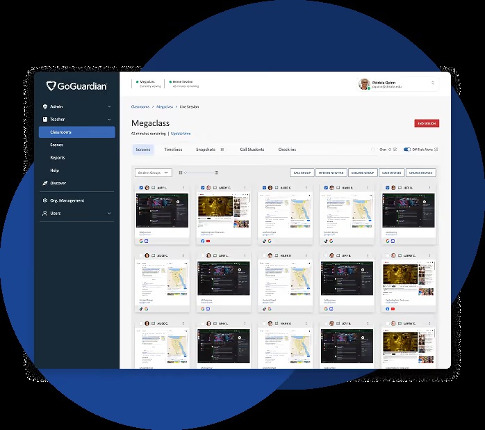 GoGuardian Teacher product interface with a grid of example student screens