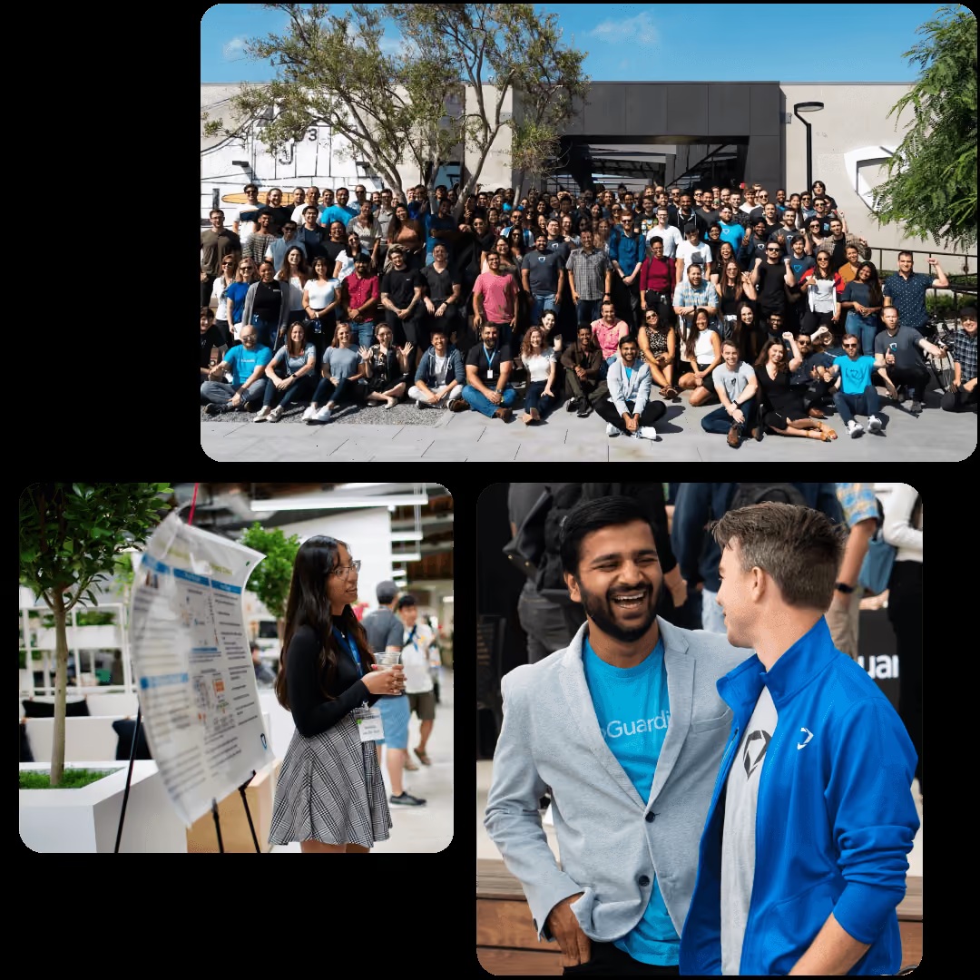 GoGuardian careers collage showing a team gathering and colleagues talking outdoors