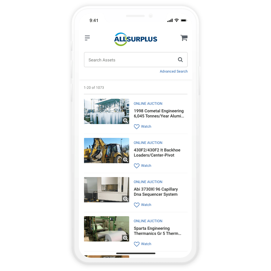 AllSurplus mobile marketplace illustration showing industrial equipment listings