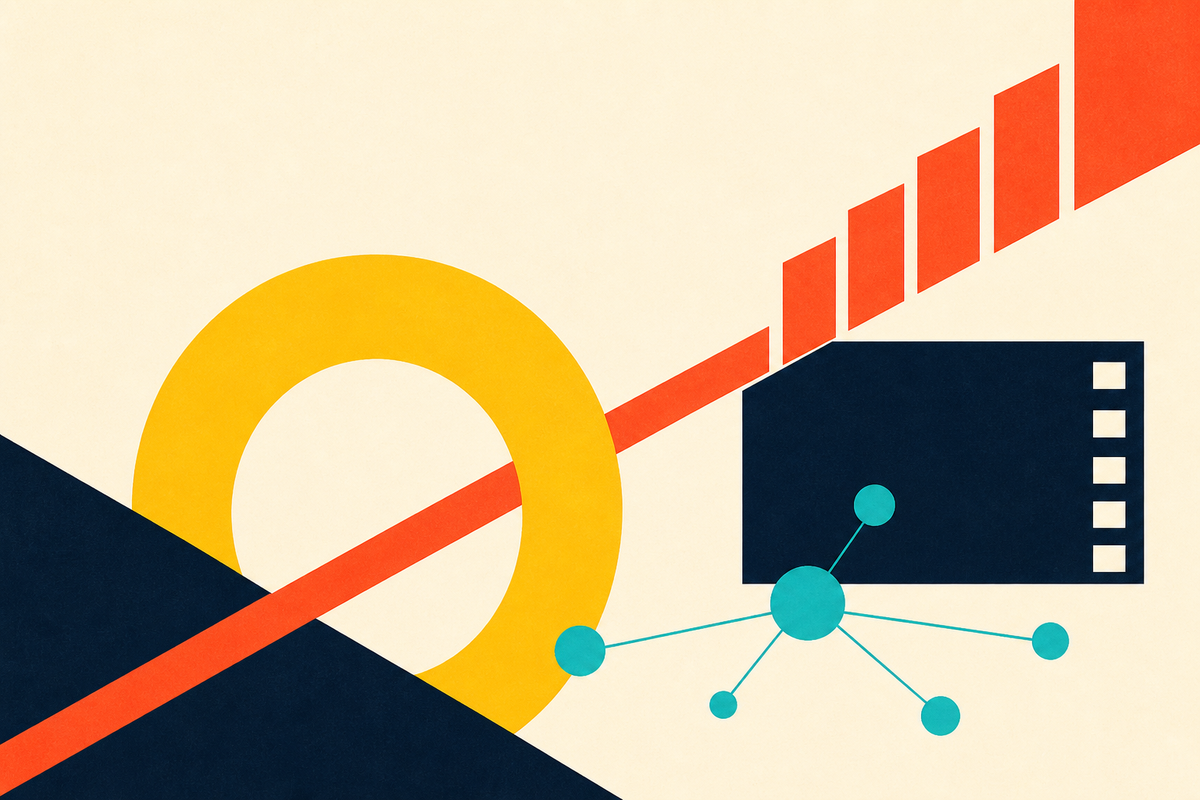 Abstract Swiss-style composition of a gold gateway, an ascending orange line, a navy screen, and connected teal nodes