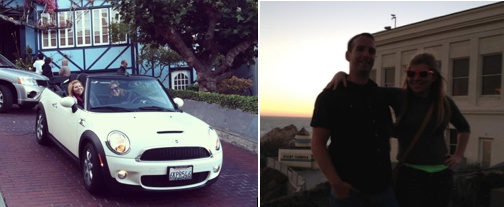 A two-photo collage from a 2012 San Francisco outing, showing a Mini on a city street and two people outdoors at sunset.