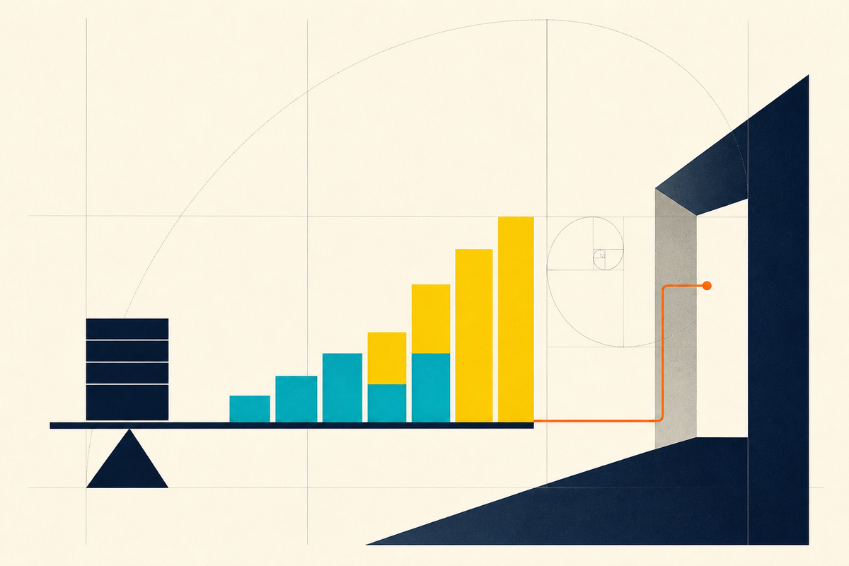 Abstract Swiss-style composition showing retained equity balanced against measured recurring-revenue growth and an exit path