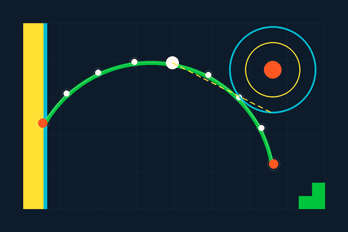 Abstract illustration of a golf swing arc mapped as motion-capture nodes with a target circle
