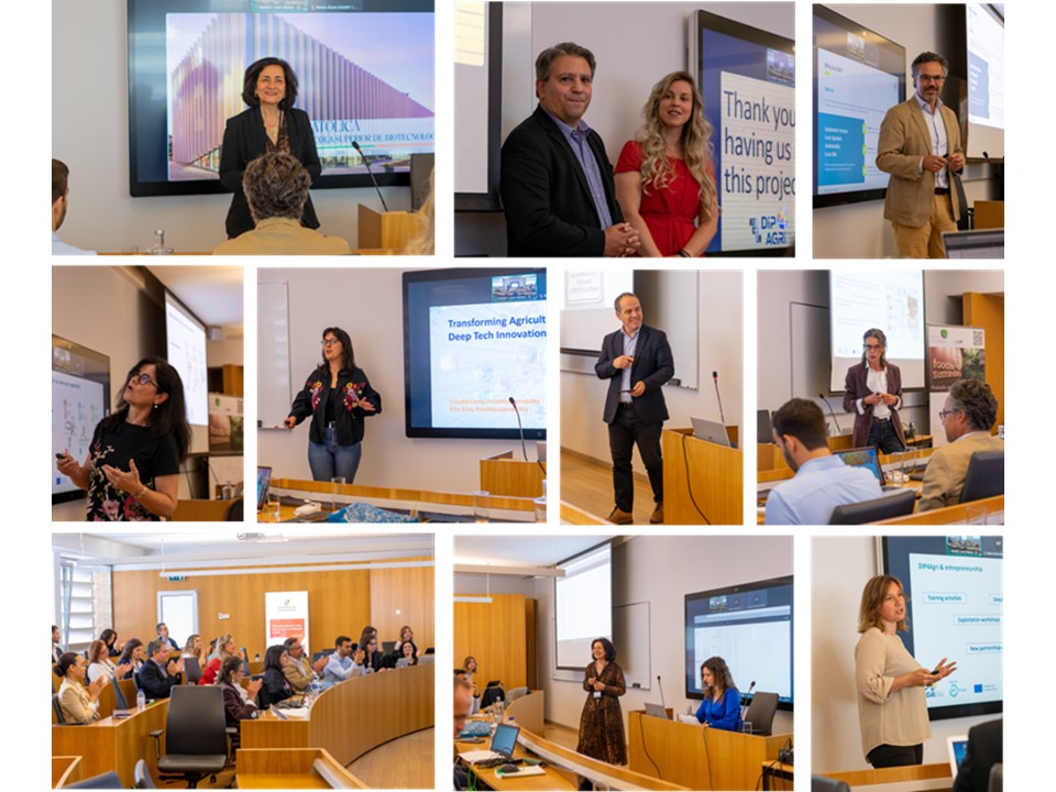 A montage of speakers and participants at the DIP4Agri conference; Gonçalo Amorim speaks in the upper-right photograph.