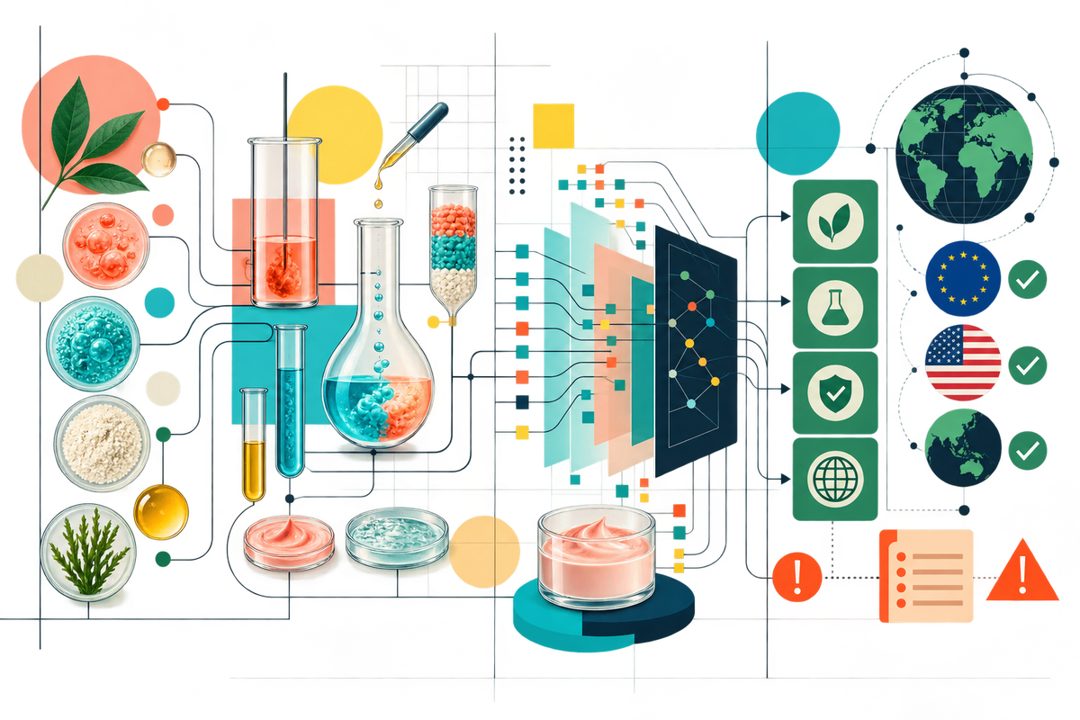 Abstract Swiss-style illustration of cosmetic ingredients moving through formulation data and global compliance checks