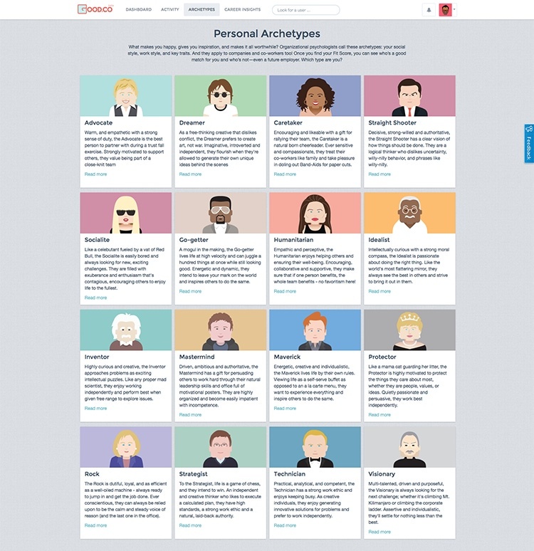 Early Good&Co interface showing illustrated personal archetypes including Advocate, Dreamer, Caretaker, and Maverick