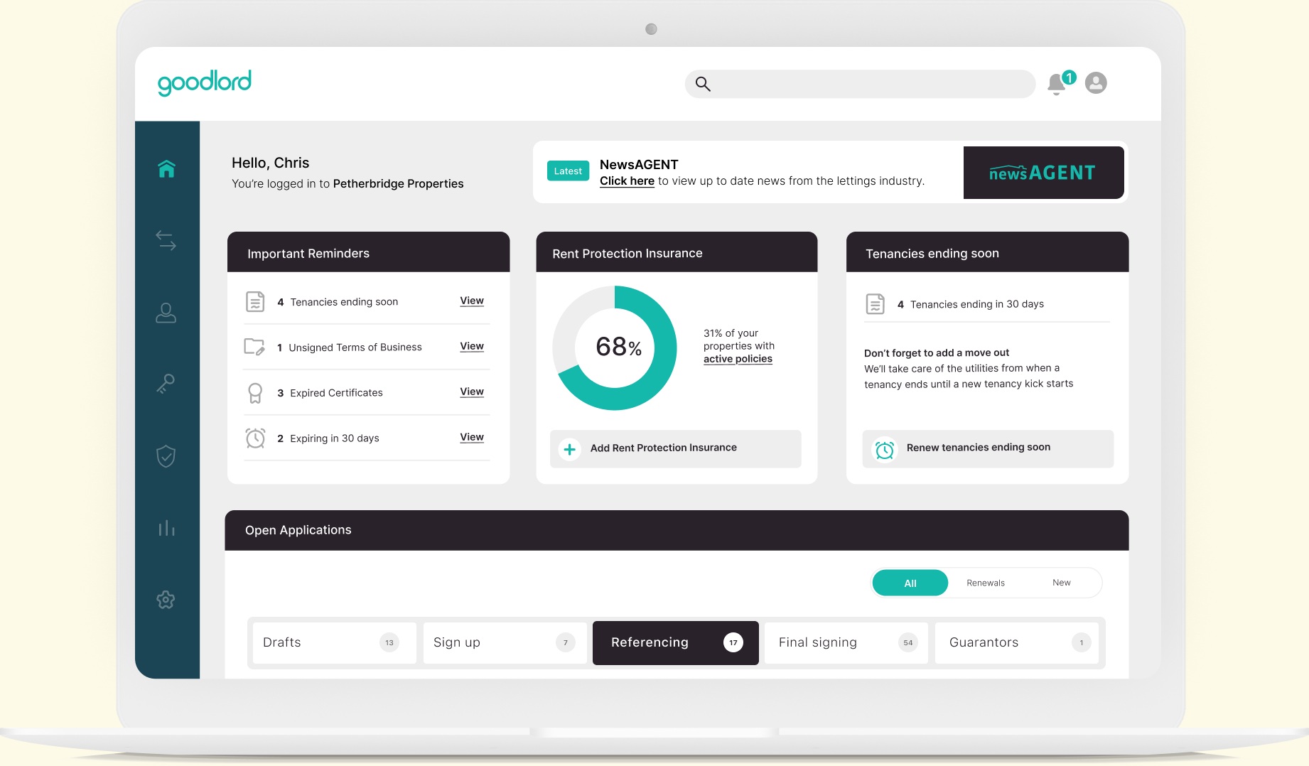 Goodlord’s promotional dashboard screenshot, showing reminders, rent protection and application stages