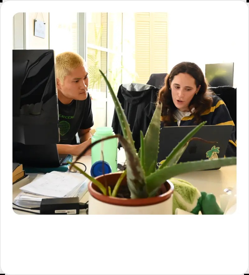 Two colleagues working at a laptop in a company-published Goodstack workplace photograph, with a large plant in the foreground