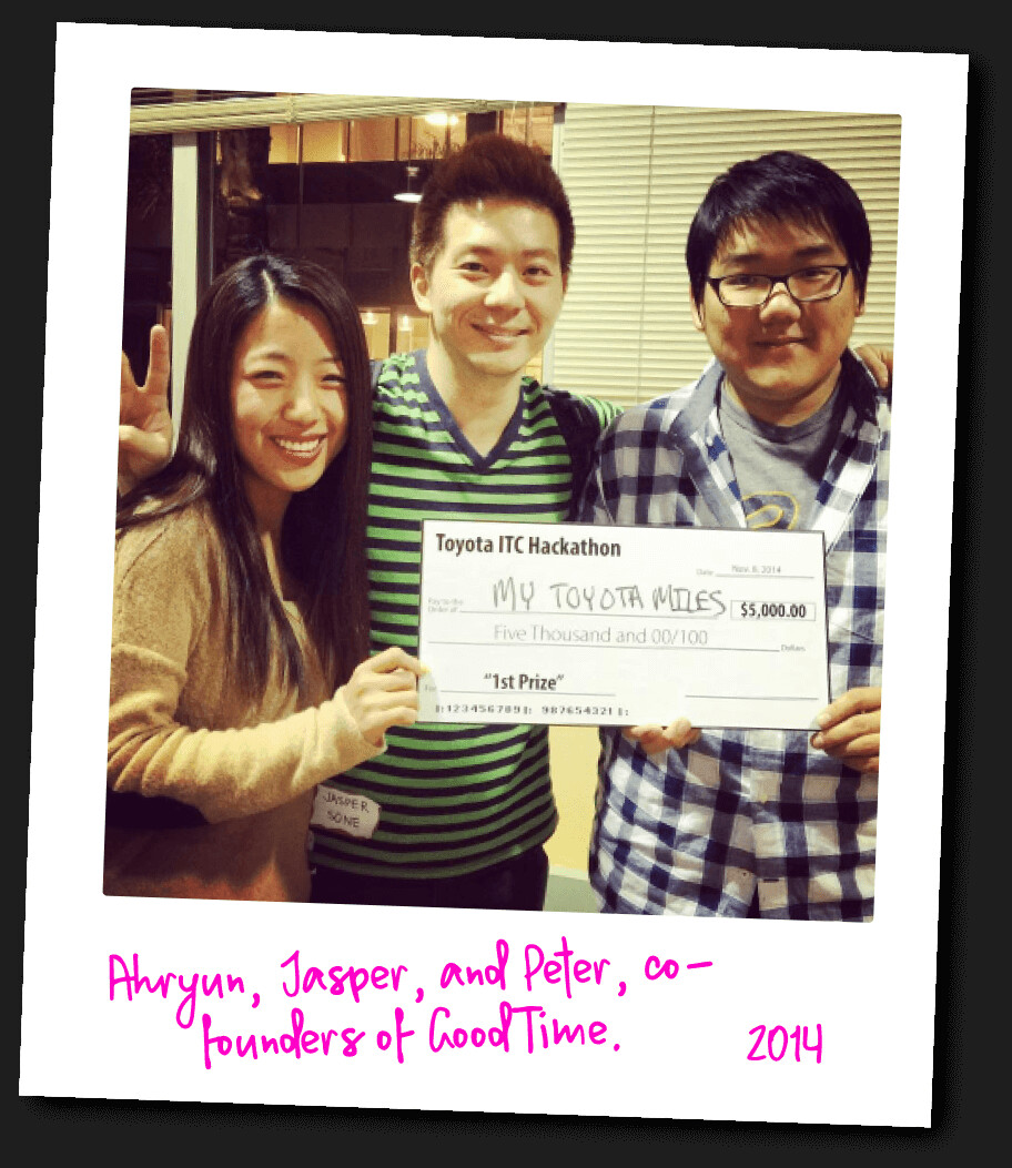 GoodTime co-founders Ahryun Moon, Jasper Sone and Peter Lee holding a first-prize hackathon check in 2014