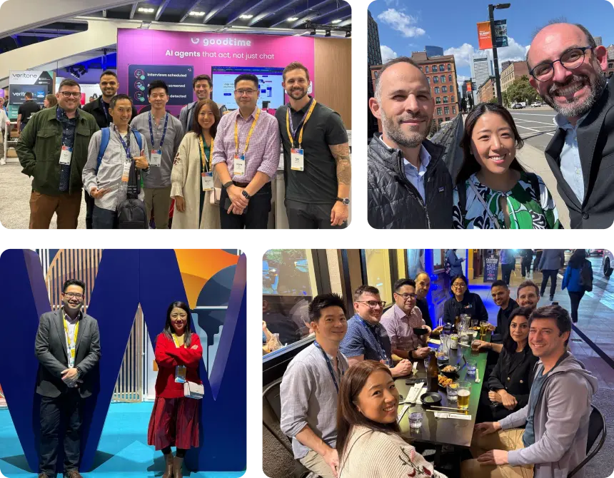 A collage of GoodTime team members at a conference and around a restaurant table