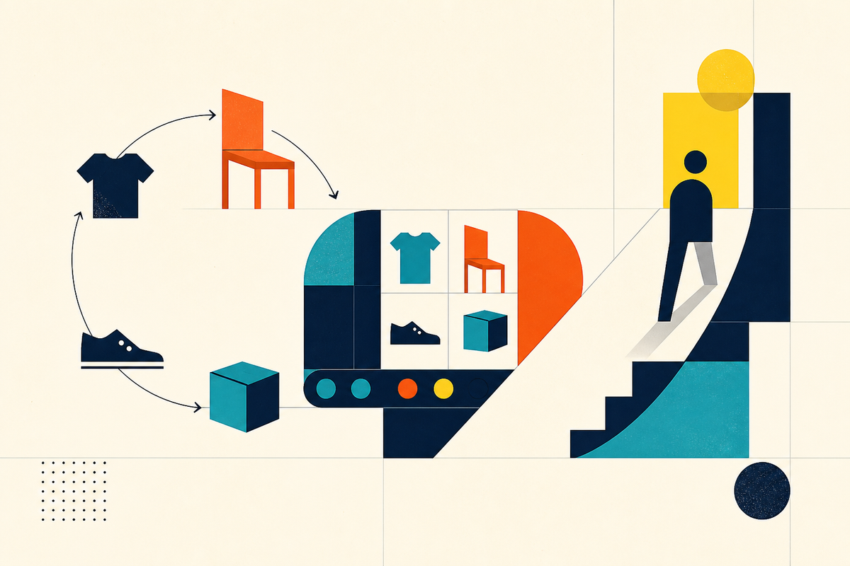 Abstract Swiss-style illustration of clothing, furniture and shoes moving through a sorting system toward a person climbing steps