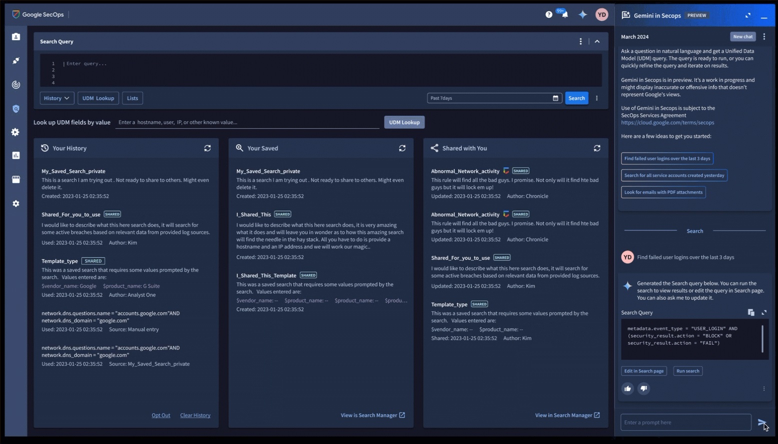Google Security Operations search interface with a Gemini assistant generating a query from a natural-language request