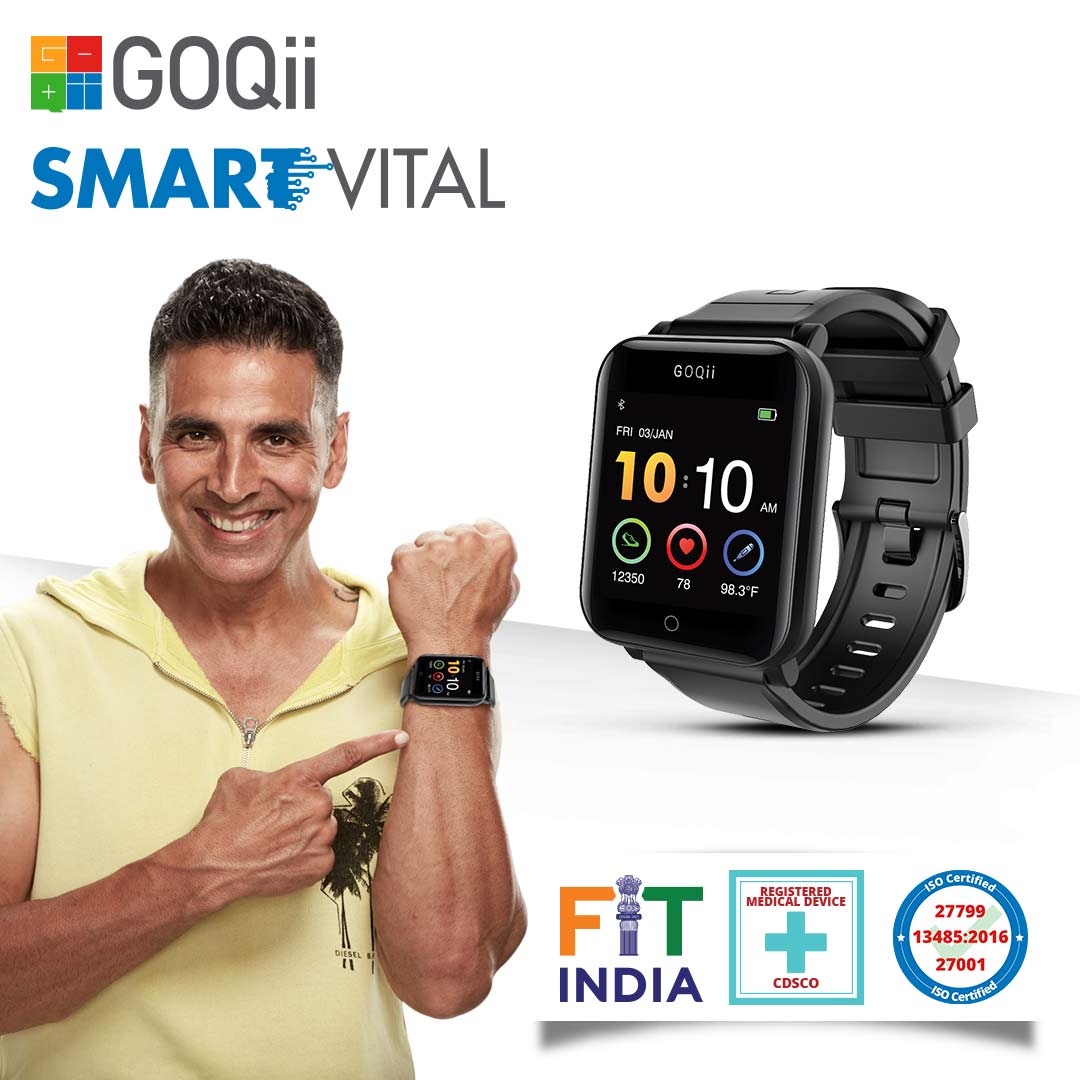 GOQii Smart Vital promotional image showing the watch and Akshay Kumar wearing it