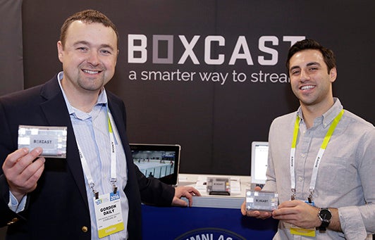Gordon Daily and a colleague showing BoxCast encoders at CES 2017