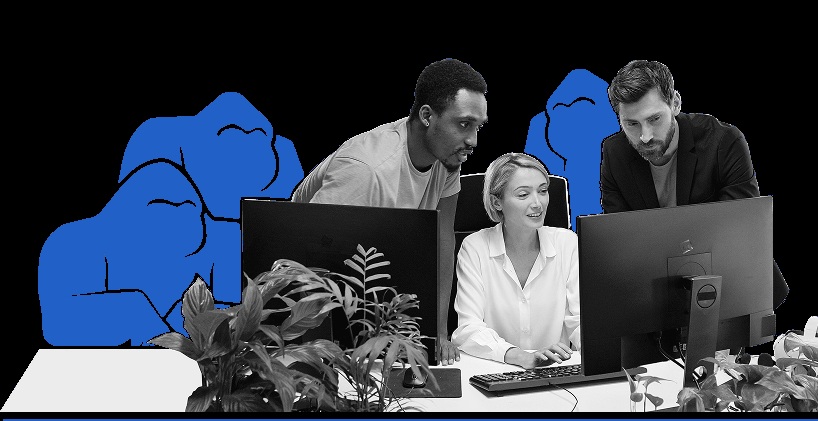 Gorilla Logic promotional collage combining developers at computers with blue gorilla illustrations