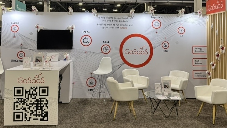 GoSaaS exhibition booth with product and Oracle application displays at Oracle AI World 2025
