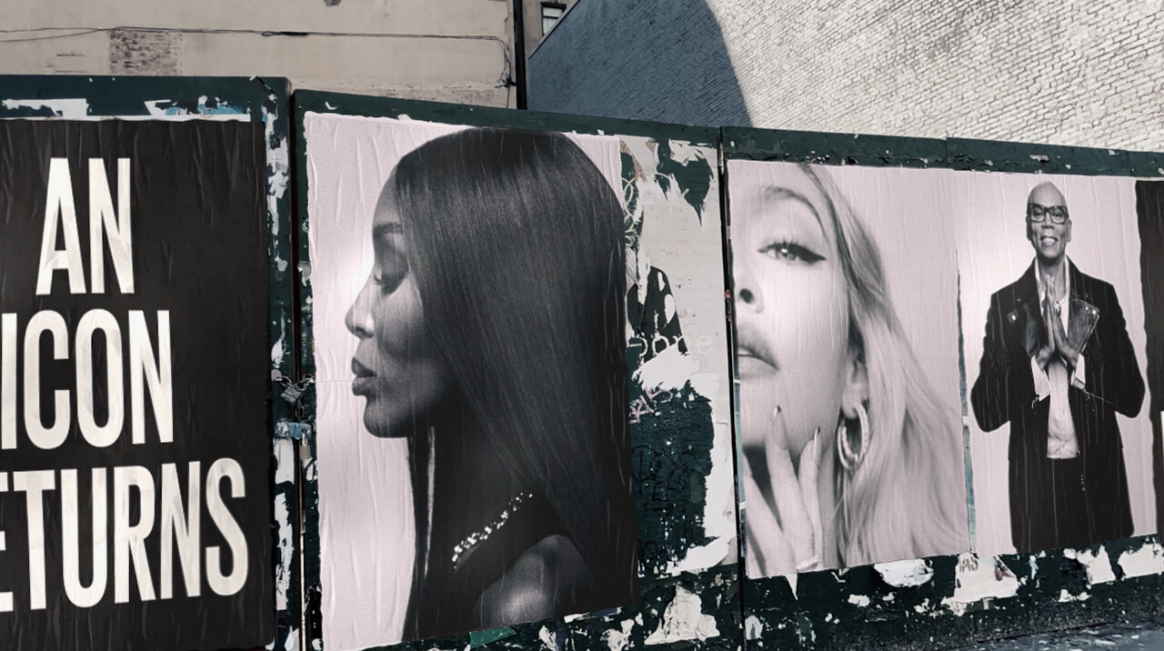 Black-and-white Only Icons campaign posters featuring Naomi Campbell and RuPaul on a New York wall
