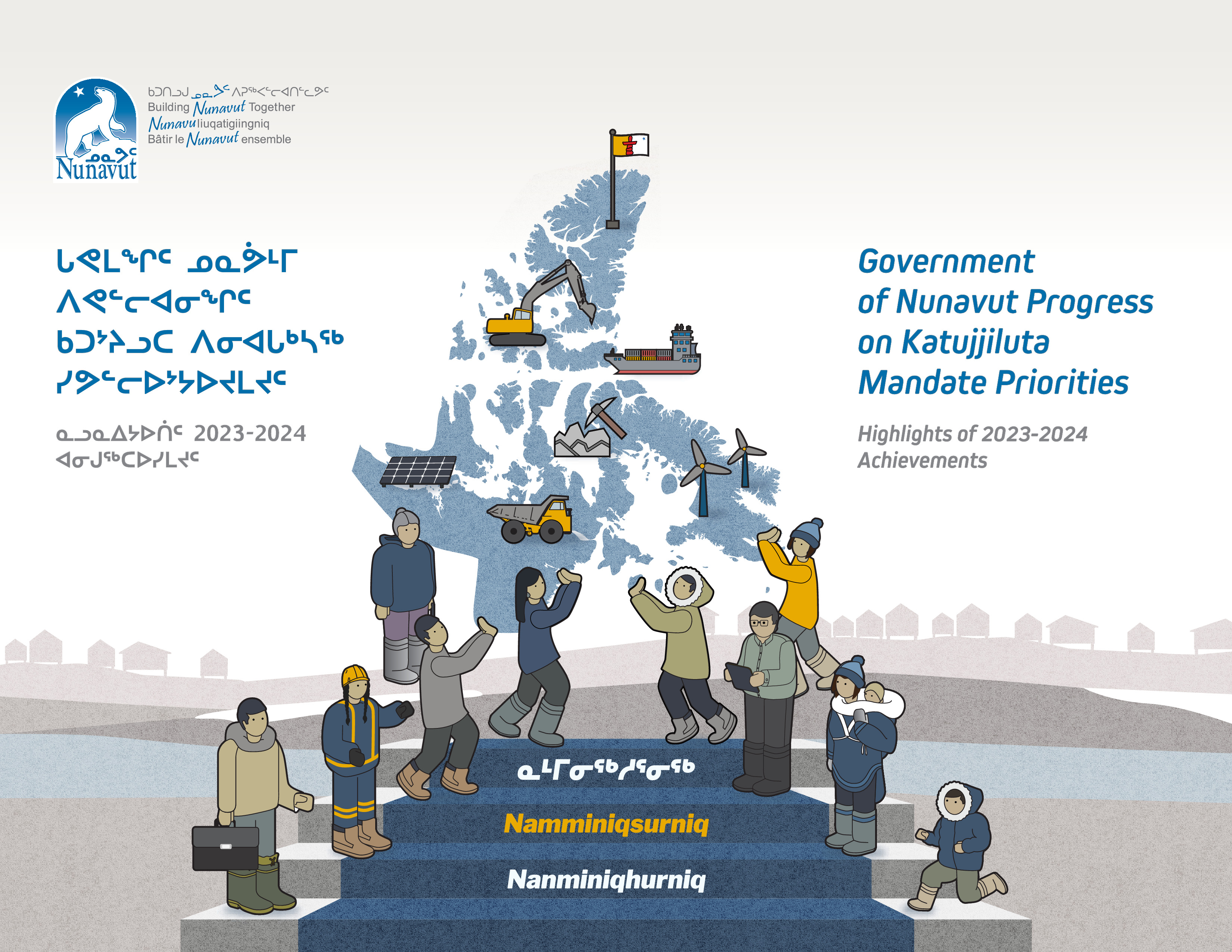 Government of Nunavut mandate illustration showing residents, housing, infrastructure, shipping, mining and renewable energy across a map of the territory