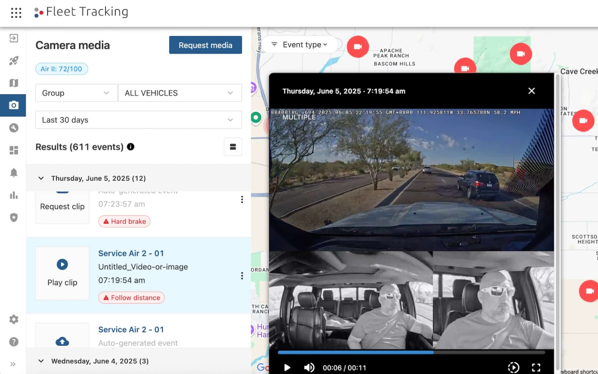 GPS Insight camera media interface showing vehicle events on a map and road video