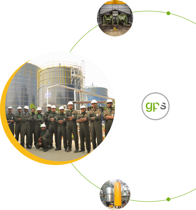 GPS Renewables company collage featuring a plant team in hard hats and biogas equipment