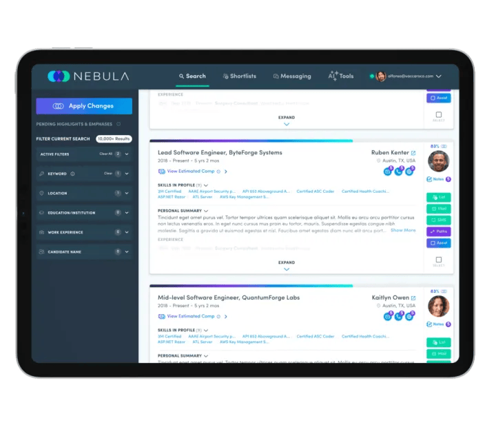 Nebula candidate search interface displayed on a tablet