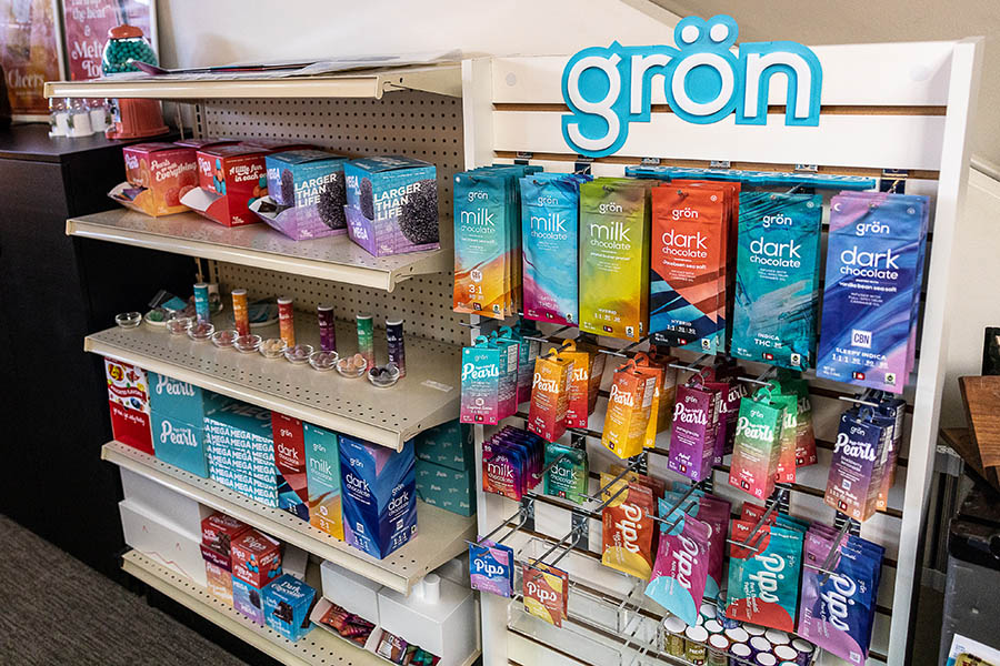 Colorful Grön cannabis edible packages arranged in the Portland creative office