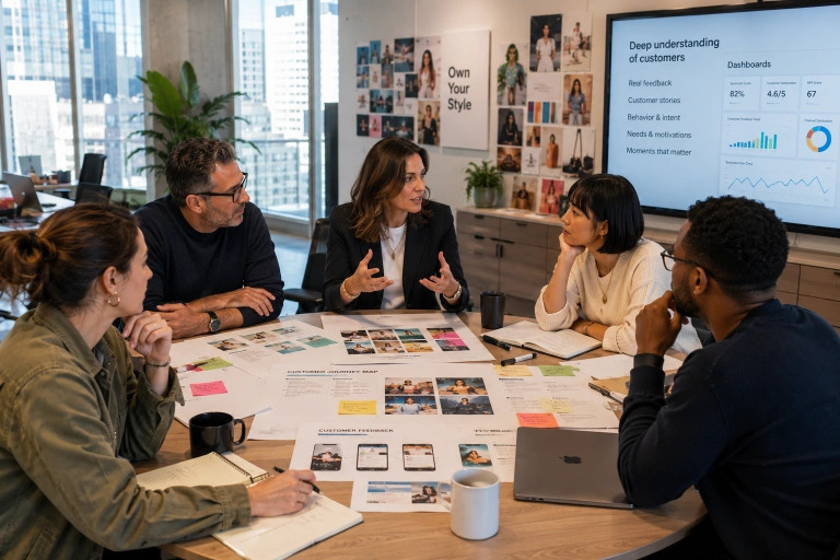 Editorial scene of a marketing team discussing customer insights around a table
