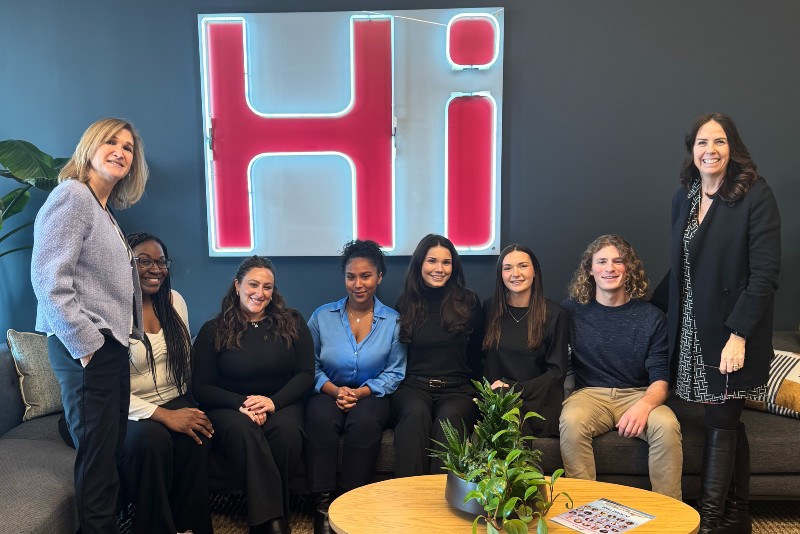 Heddy DeMaria at left and Grace Leong at right with University of Delaware Bateman competition students at HUNTER’s New York office