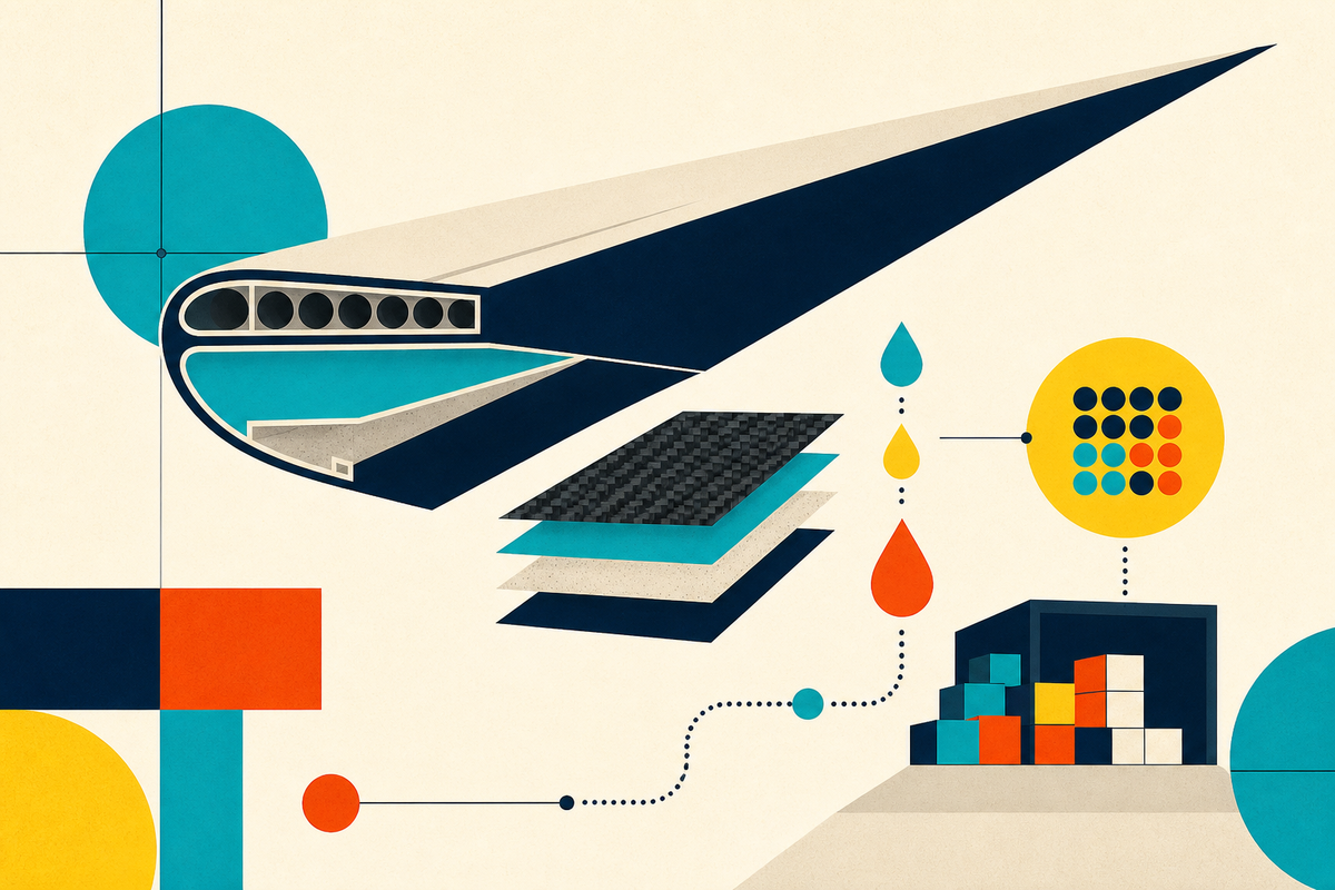 Abstract geometric illustration of an aircraft wing, composite layers, chemical droplets and warehouse inventory