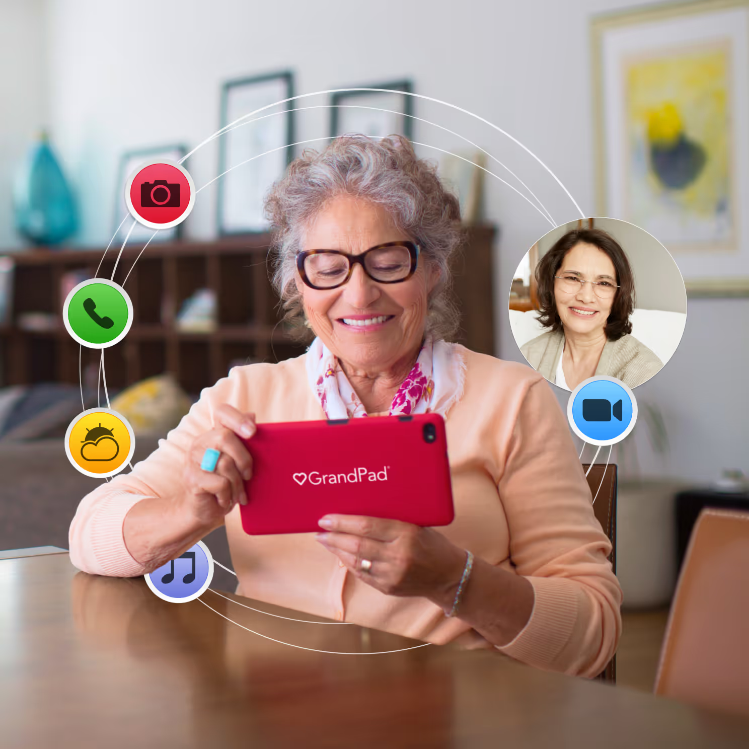 GrandPad product interface and hardware details arranged as a product mockup