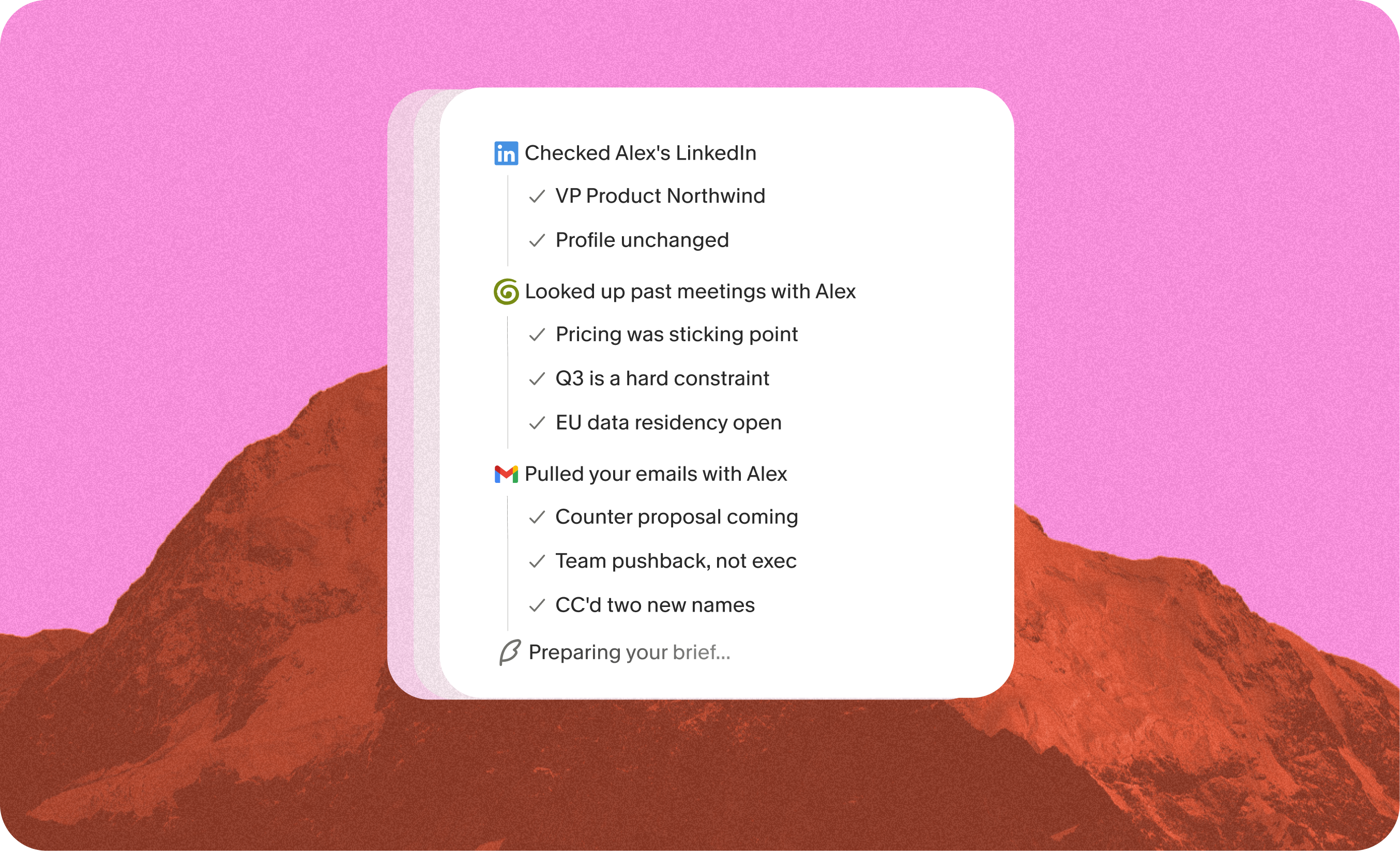 Granola Briefs assembling context from LinkedIn, past meetings, and email