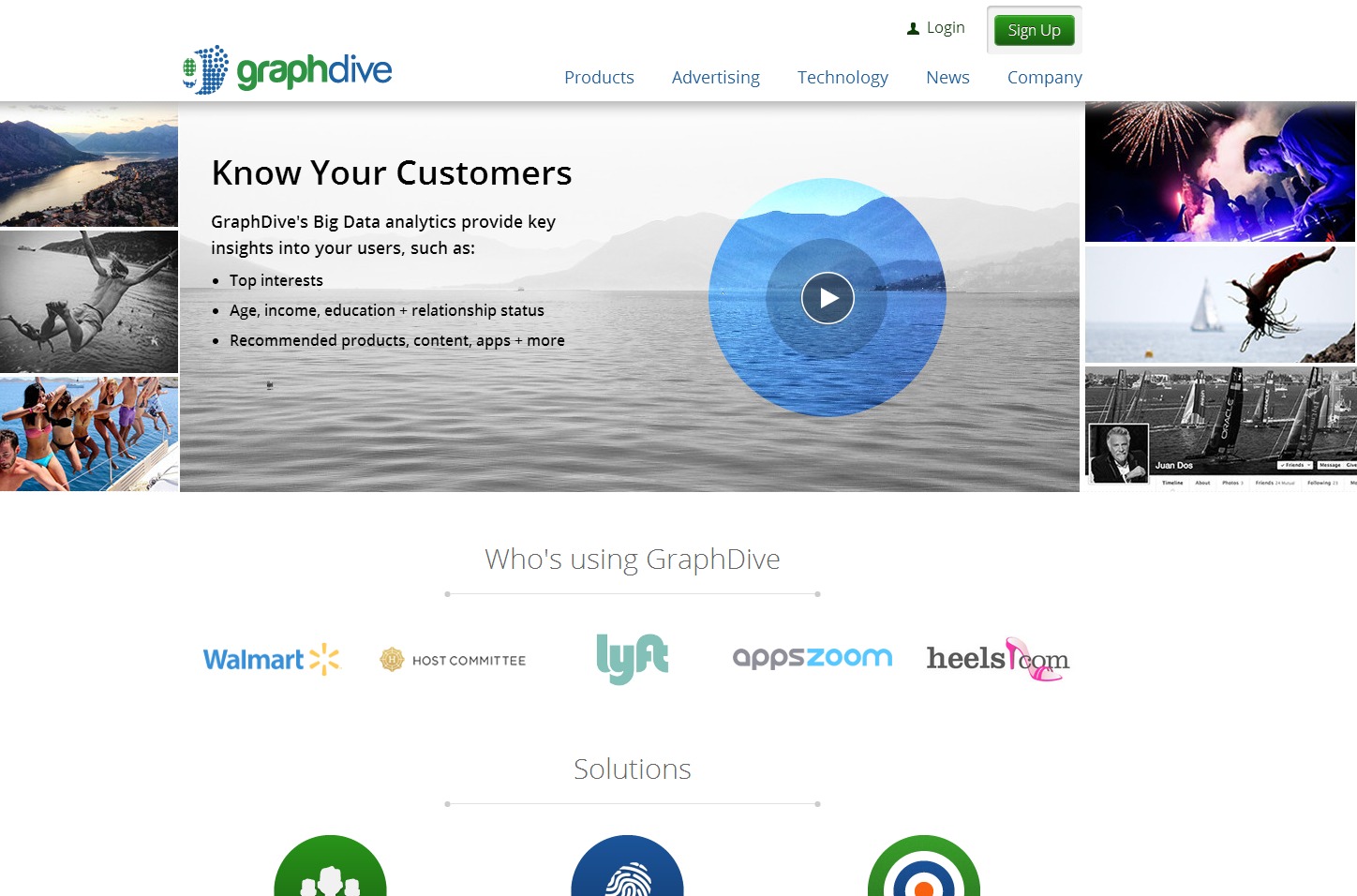 Archived GraphDive homepage showing its customer-insight promise and customer logos