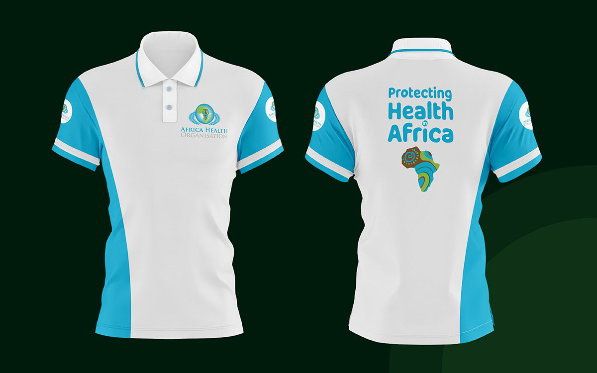 Front and back mockups of a white and turquoise Africa Health Organisation polo shirt