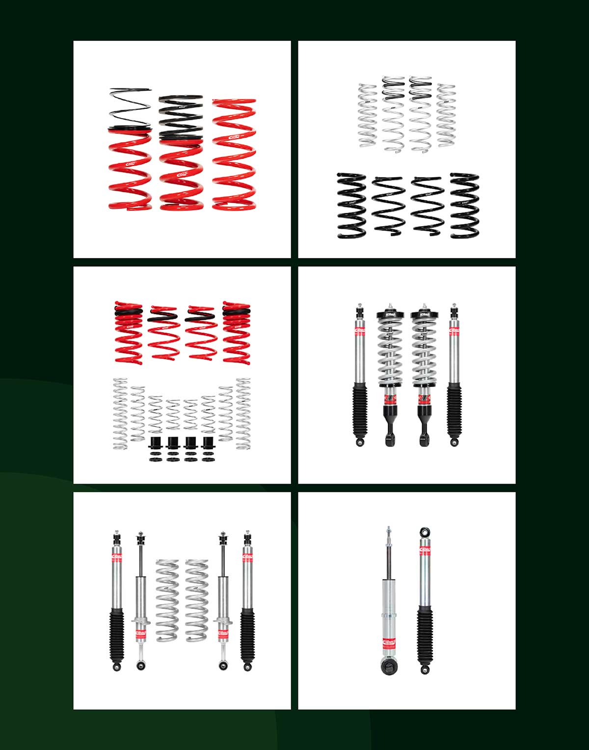 Company-published montage of Eibach springs, suspension kits and shock absorbers on white backgrounds