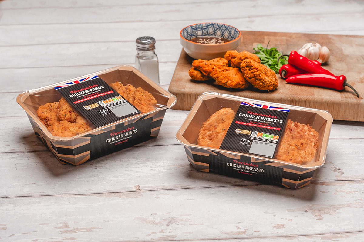 Sainsbury’s chicken wings and chicken breasts in paperboard PaperSeal Shape trays