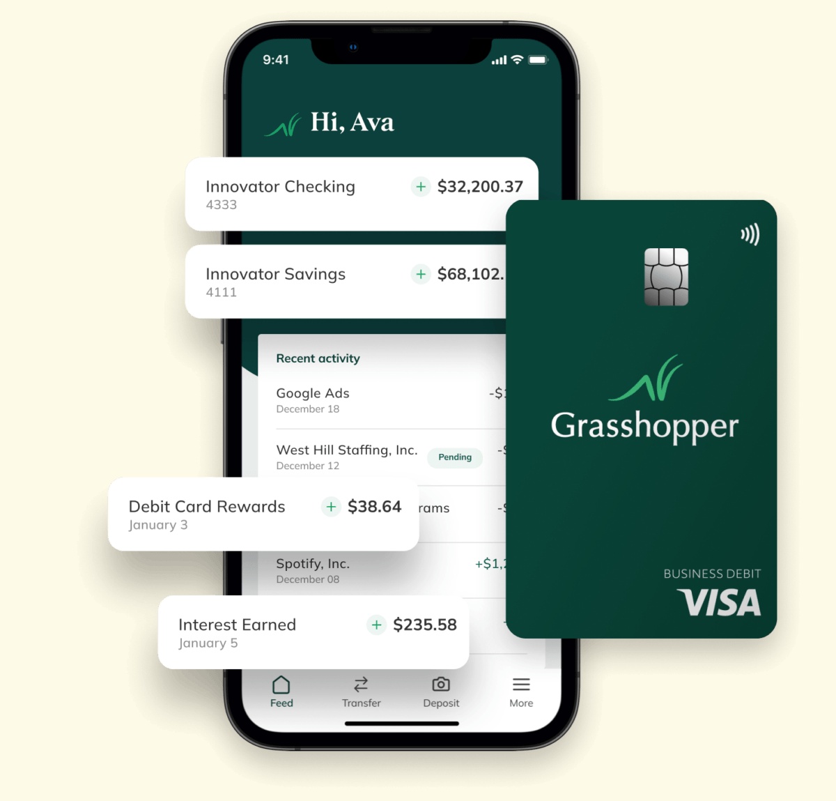 Grasshopper’s official illustration of its mobile business banking app and debit card