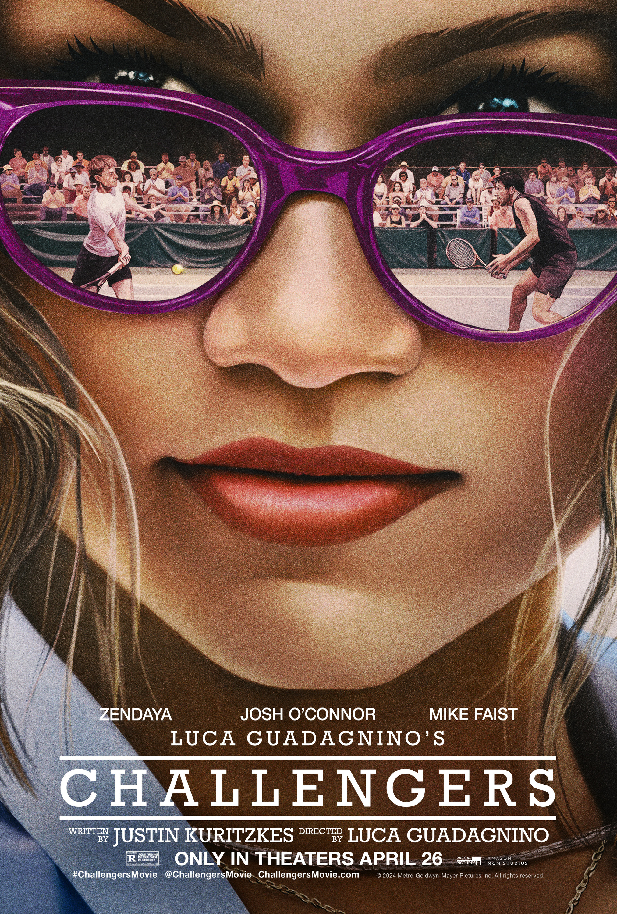 Challengers poster with tennis players reflected in Zendaya’s sunglasses